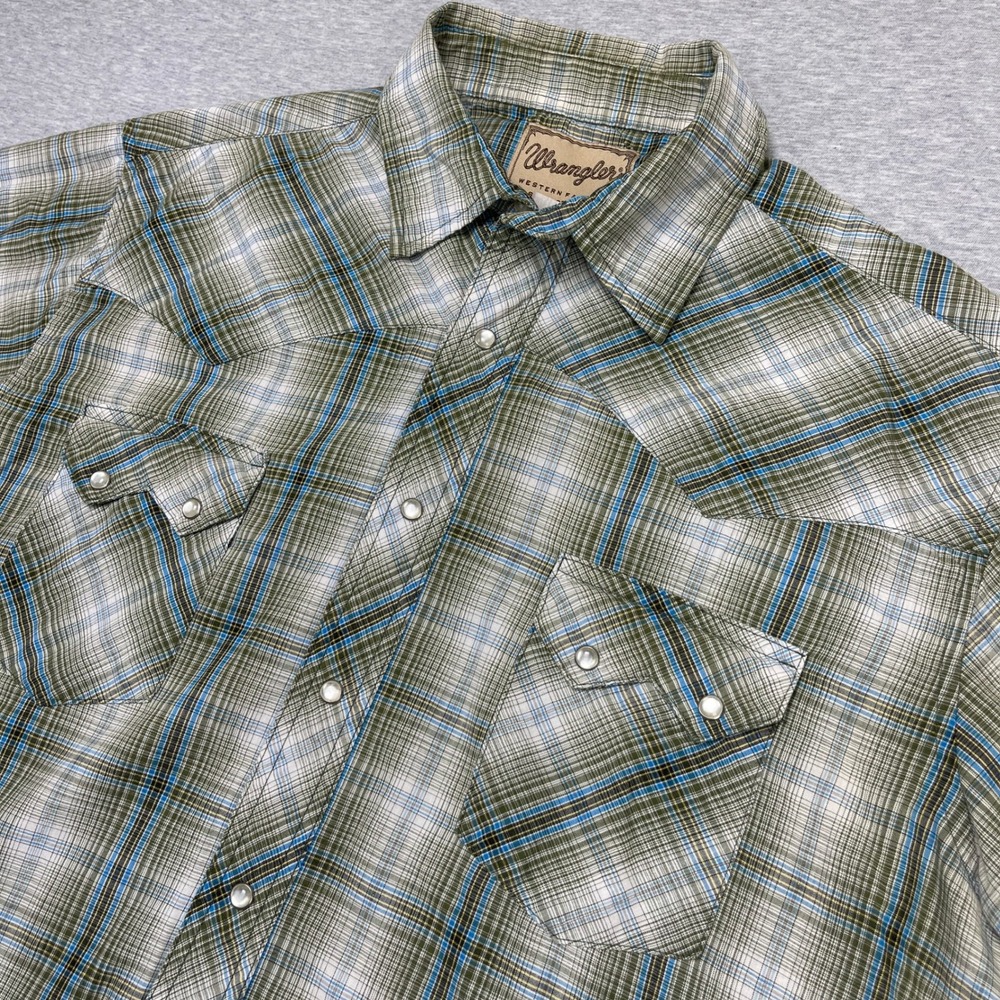 Wrangler Short Sleeve Shirt Mens XL Western Fashion Snap Plaid Green Cowboy EUC